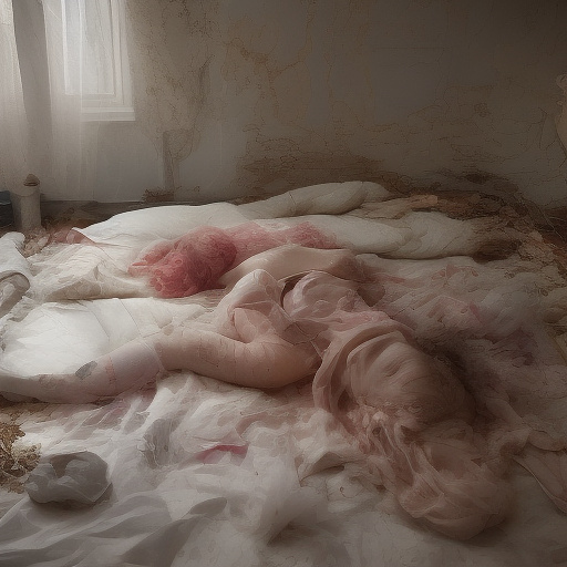 A 13-year-old girl is lying on a bed and crying. the room is dark and messy, the bed is broken. in custom style
