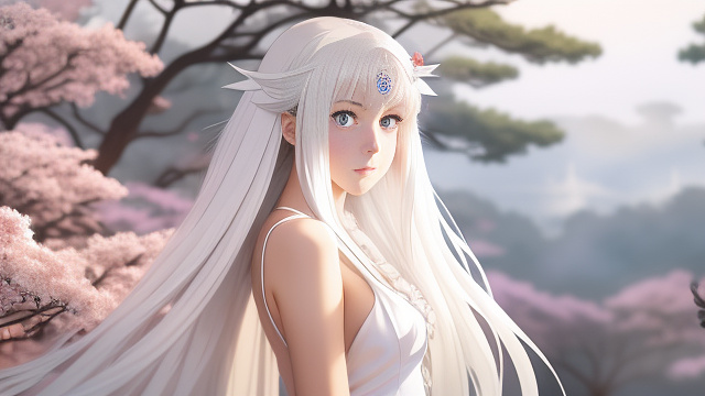White dress，long silvery white hair hangs freely over her shoulders，red eyes，naked in anime style