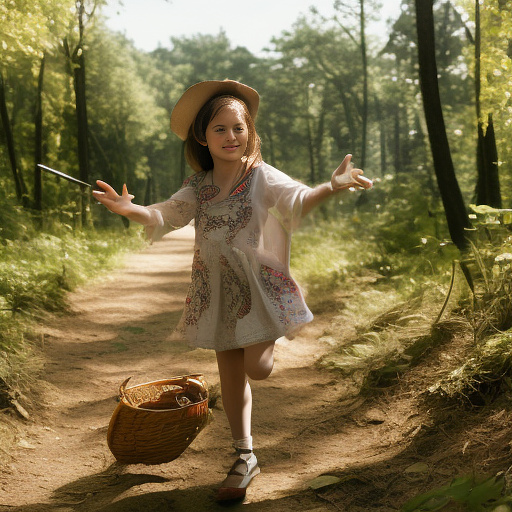 A 9-year-old girl is skipping along a forest path. she has a basket in her hands and a sun hat on her head. in custom style