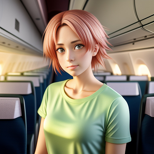 Anime style, highly detailed, sharp anime lines, cel-shaded shading, vibrant colors, no extra characters, clean scene: inside a slightly shaking airplane cabin. **sakura haruno**, with short pink hair and emerald green eyes, wearing a casual light yellow t-shirt and blue jeans, looks worried and holds her mouth. soft sunlight streaming through the windows. focus on her face and upper body. in anime style