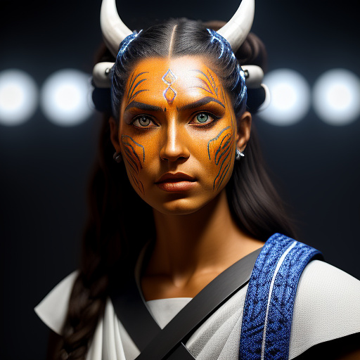 A mature ashoka tano, a togruta woman with vibrant orange skin and intricate white facial markings, her distinctive blue and white striped two montral horns and 3 lekku head tails framing her face. she wears her iconic grey and white jedi-like attire, featuring practical arm wraps and utility belts. her piercing blue eyes hold a determined gaze. she wields her two white-bladed lightsabers, one standard and one shoto, glowing brightly. highly detailed eyes, highly detailed hair, highly detailed skin texture, highly detailed face. ultrarealistic, 8k, hdr, cinematic, photorealistic, highly detailed background, highly detailed environment.  in custom style