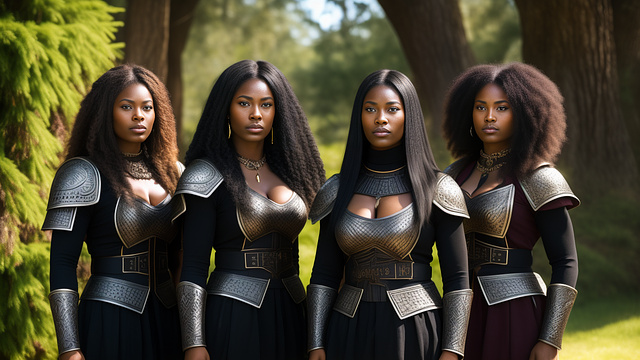 Group portrait of four black viking warrior women. there must be four women in realistic style