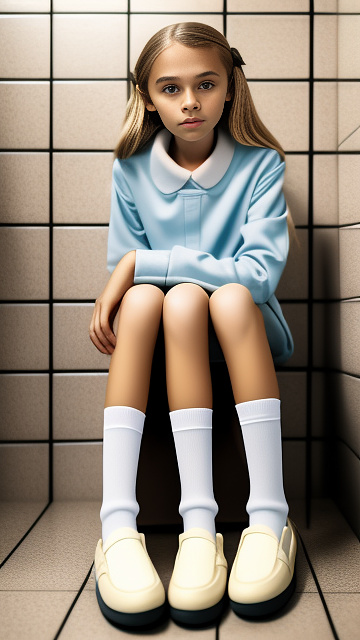 Realistic, detailed 12-year-old, blonde haired girl, full body length, wearing her rubber shoes, with socks, wearing long sleeve shirt only, bottomless, pale skin, sitting on the toilet, in custom style