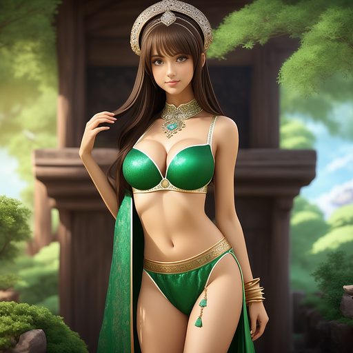A white, young, hot belly dancer with light brown hair and dark brown eyes in a green outfit with large breasts and a slim body
 in anime style