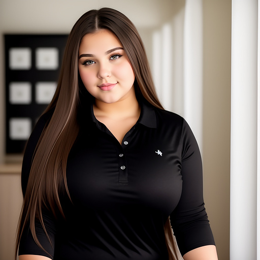 18 year old huge thick curvy bbw white girl brown long hair in 5 button tipped black polo shirt 
 in custom style