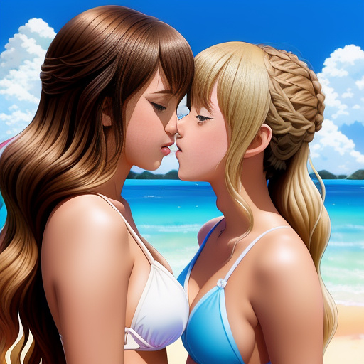 Taylor swift and emma watson in bikinis kissing each other hard in anime style