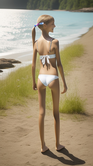 Realistic, highly detailed , 7-year-old , smile , white bikini, sticking out bottom, pigtails, slim legs, reed legs, very anorexic pussy, very anorexic legs, very wide crotch, centre, looking back in custom style