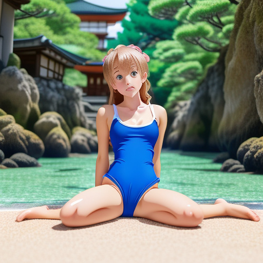 Little girl, cute, barefoot, thighs, bare thighs, swimsuit, legs spread, legs open. in anime style