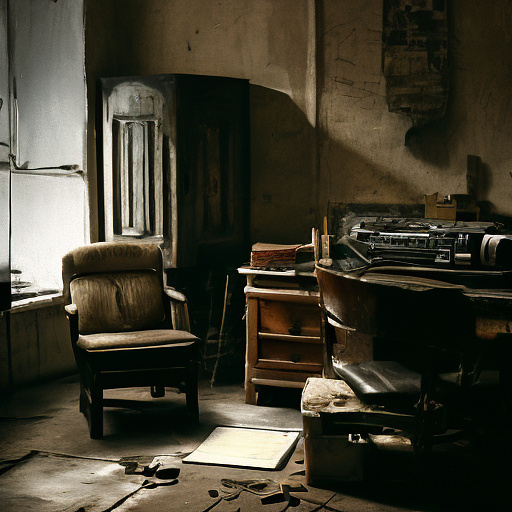 In a dark room, there is a telephone and a gun on the table. a man is sitting on a chair, and he is dead. in custom style