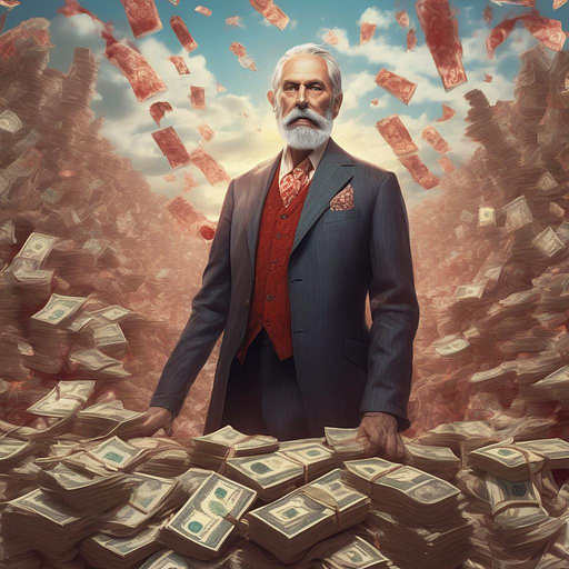 A giant politician standing on piles of money and blood in fantasy style