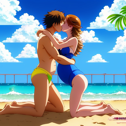 A pregnant anime woman in a two piece swimsuitc kissing a guy with him on top of her on a beach chair and kissing in anime style