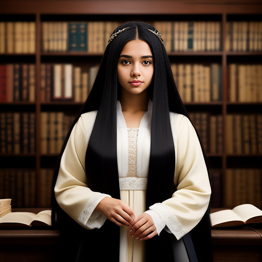 Medieval portrait of a young hispanic woman with long black hair, wearing a coat and sitting in a huge medieval library in anime style