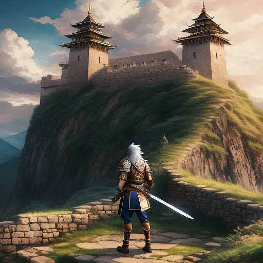 A male warrior with sword
in above the wall of fort in anime style