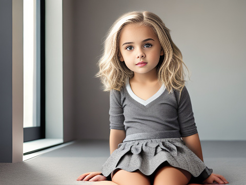 Realistic, detailed, 6-year-old girl, blonde hair, full-body, grey school mini-skirt, relaxing, aroused expression, looking between her legs, girl bits, in custom style