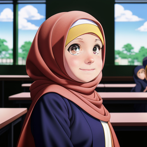 A child wearing a hijab is giving a class at school. in anime style
