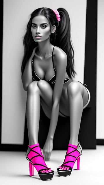 Hyper realistic, latina, dark hair, skinny unfinished, blossoming, pink bikini, very high-heeled pink sandals, young face, high ponytail, is posing into modern and design chalet's bedroom. very high quality, detailled body, studio quality. in bw photo style