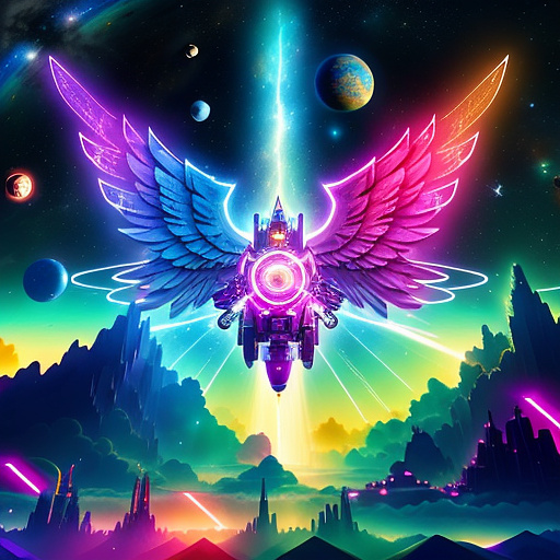 A cheerful transformer flies through space against the backdrop of planets. in angelcore style