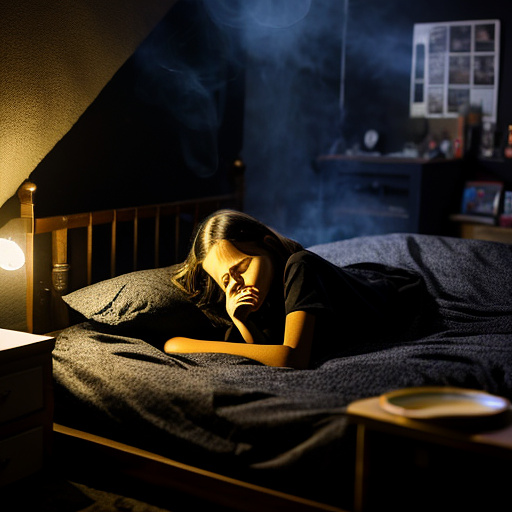 The room is dark, smoky and a mess, the bed is broken. there is an ashtray with an outstanding cigarette on the table. a 13-year-old girl is lying on a bed and crying. in custom style