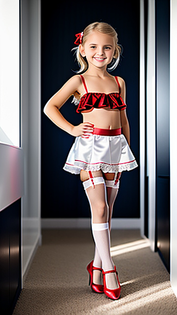 White, blonde, smiling, girl 5 years old, brassiere, slutty unwear, high red heel shoes, standing , garter belt,  next to 20yr business-man, in custom style