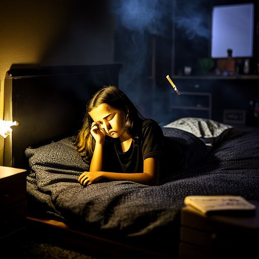 The room is dark, smoky and a mess, the bed is broken. there is an ashtray with an outstanding cigarette on the table. a 13-year-old girl is lying on a bed and crying. in custom style