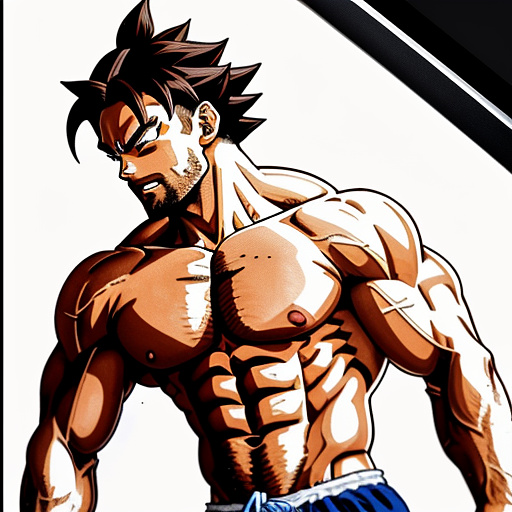 Muscle bara stud
huge pecs
huge chest
long light brown hair
beard 
no nipples
dragon ball z art style in anime style