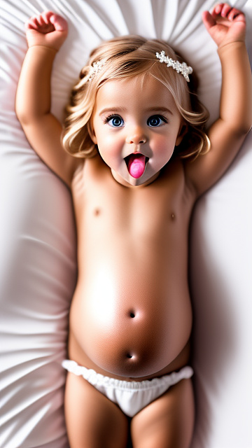 Realistic, detailed, 4-year-old blonde girl, pregnant, white wedding outfit, showing belly, laying in bed, top down full body view, red blush, dark skin, mouth open,  in custom style