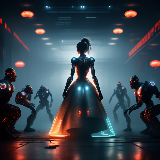 "cyborg" cinderella with brown hair in a messy ponytail in a silver ball gown with grease stains on it
one robotic leg and one robotic hand
attending a chinese lunar festival
frontal view in sci-fi style