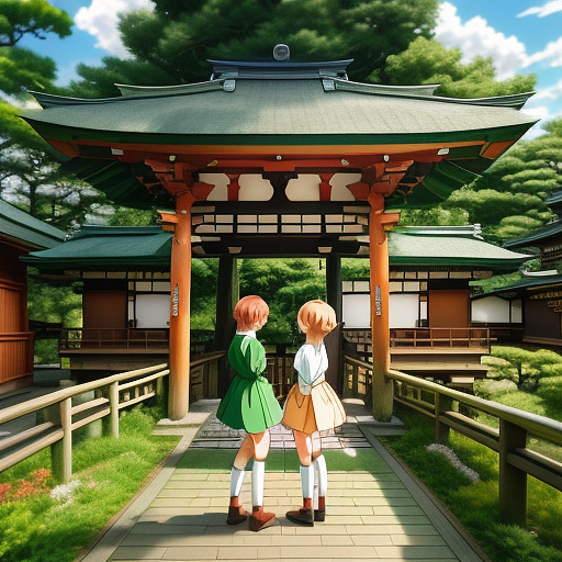 Two girls who meet each other in a very green and beautiful wooden cottage and are very happy
 in anime style