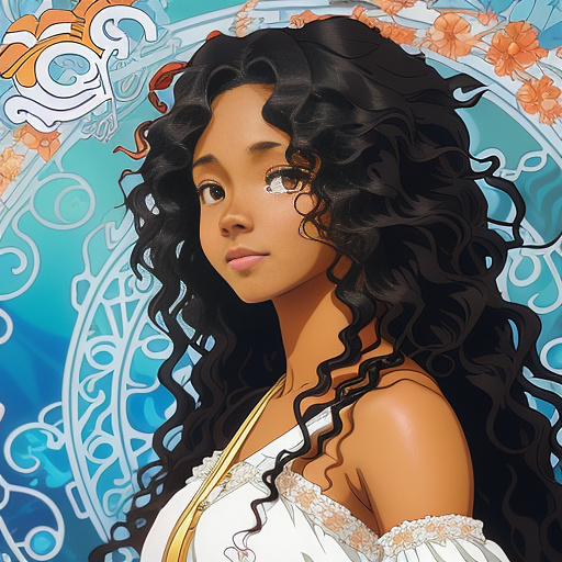 The frequency of life resonating with a beautiful ebony woman with flowing curly hair in the style of alphonse mucha
 in anime style