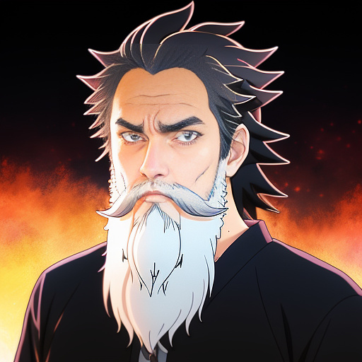 Bearded man with glowing eyes in anime style