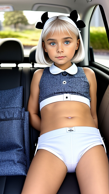 A thin blonde 9 years old in a school uniform and white children's panties, with short white hair, she languidly lies in the car in the back seat, her legs are spread apart, bows on her head in disney painted style