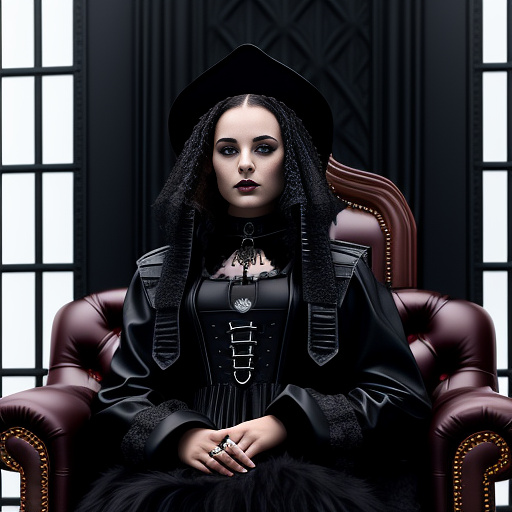 Girl, black leather jacket with big fur collar, skirt, sits on fur covered throne  in gothic style