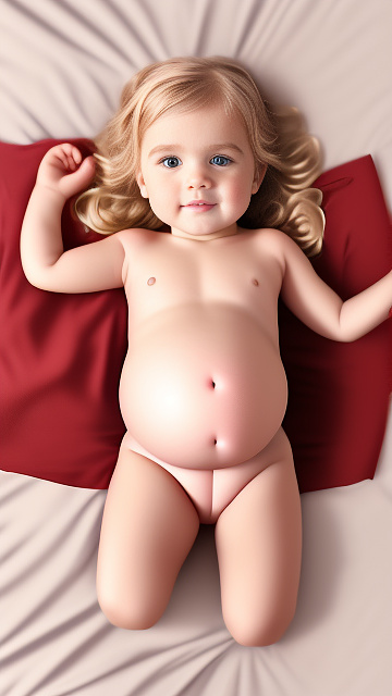 Realistic, detailed, 4-year-old blonde girl, in red  peach dress, pregnant, laying in bed, top down full body view, red blush, right hand on belly   in custom style