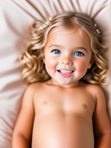 Realistic, detailed, 5-year-old blonde girl, pregnant, tan wedding outfit, showing belly, laying in bed, top down full body view, red blush, tan skin, mouth open,  in custom style