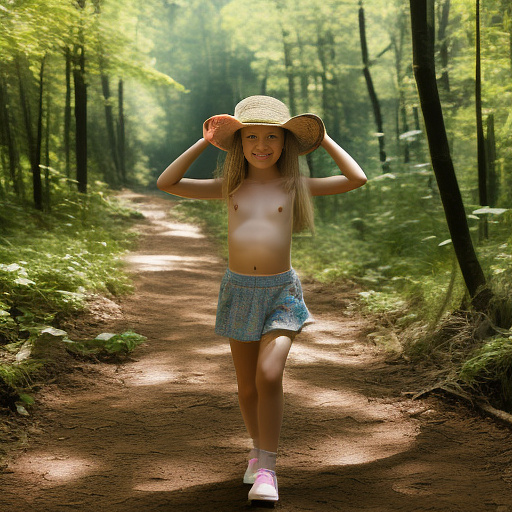 A 9-year-old girl is skipping along a forest path. she has a basket in her hands and a sun hat on her head. she's naked in custom style