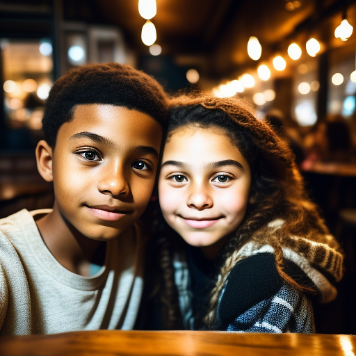 Aesthetic selfie of a 11-year-old girl and her 11-year-old boyfriend, cozy café background, warm tones, natural skin texture, modern lifestyle photography. in custom style