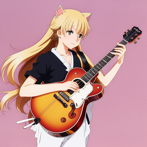 A cat playing with guitar  in anime style