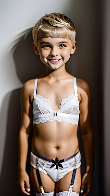  white, light blonde, very cute, girl 7 years old, buzz hair cut, lace bra, smiling, garter belt, blonde eye brows,  in custom style