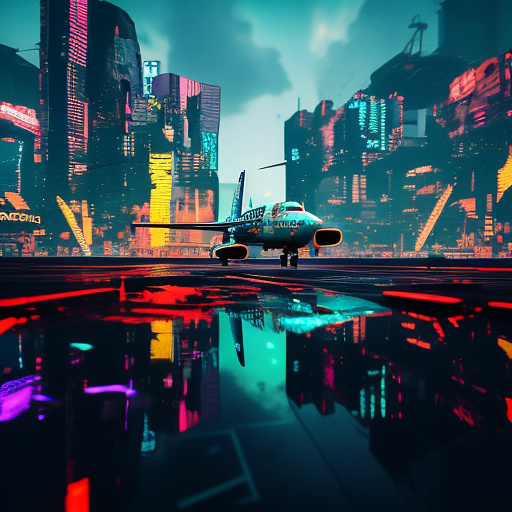 An airplane is flying. people in cyberpunk style