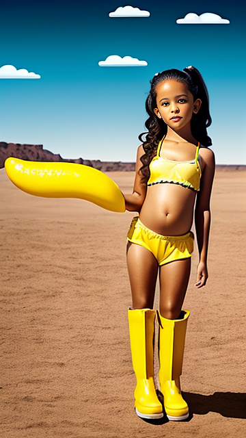 Realistic, detailed, 7-years-old, jenna ortega, pregnant, yellow boots, yellow bikini, desert, full body, bigger penis in custom style