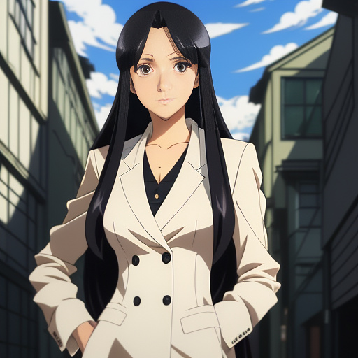 A spy agent female looking for criminal at the crime scene she is tall long black hair wearing long blazer with magnifying glass in hand
 in anime style