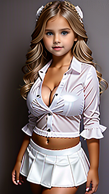 Large boobs, blouse, large boobs 48dd, cleavage white blond girl 7 years old, mini skirt in custom style
