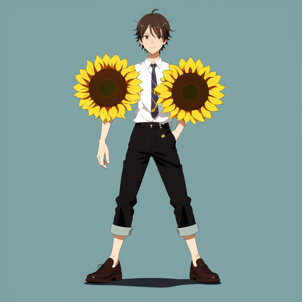 "a stylized male character design with a head resembling a sunflower, incorporating the anatomy and structure of a real sunflower. the edges of the face are slightly elongated and petal-like. the character has a short height and a small, delicate body. instead of regular legs, the character has simple strip-like legs, and wears vintage brown shoes. he is also wearing a t-shirt. the overall style should be cute, stylized, and whimsical."

 in anime style