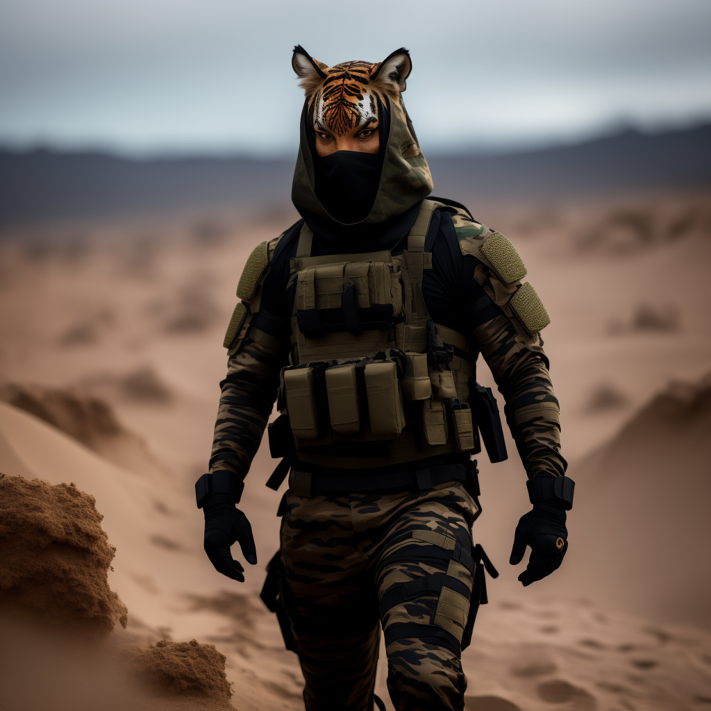 Fierce, intricate and organic tactical garb, with advanced ballistic properties, with very deep stunning hood and veiling cloth mask; faceless and mysterious; with hi-tech digital tiger stripe camouflage; splashed with blood and sand in custom style