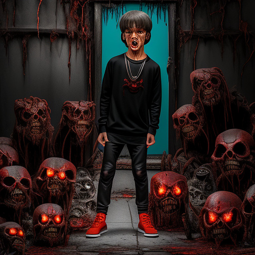 The picture of a graphic designer boy sitting on a chair in his job-related clothes and making advertising posters should be installed on the walls of his room with attractive lights and excellent posters and the back of the boy's shirt should be professionally written and arranged to look natural. in horror style