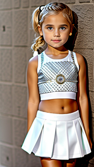 White 7 year old girl, mini skirt, crop top, blond, bra,
 in custom style