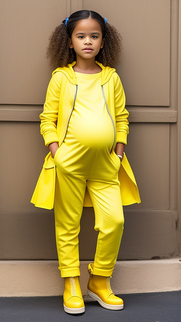 Pregnant, 7-years-old, jenna ortega, yellow jumpsuit, yellow boots  in custom style