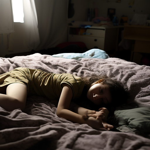 A 13-year-old girl is lying on a bed and crying. the room is dark and messy, the bed is broken. in custom style