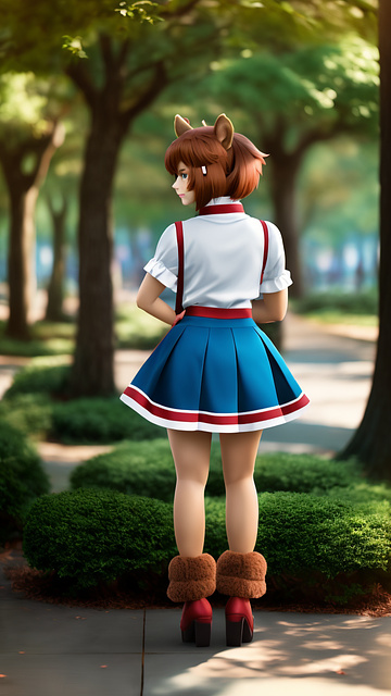 Cute anthro squirrel girl, brownish red fur, blue skirt, park backdrop, squirrel tail, anthropomorphic in anime style
