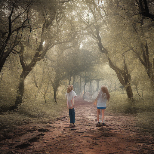A 9-year-old girl is walking along a forest path. it's evening. she has a basket in her hand. view from behind. in custom style